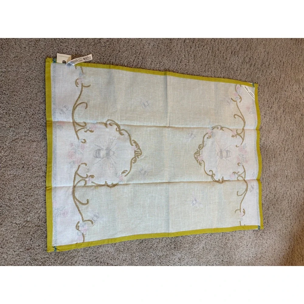 Anthropologie Bee Floral Dish Towel Green White Gold Embroidery New 28x21